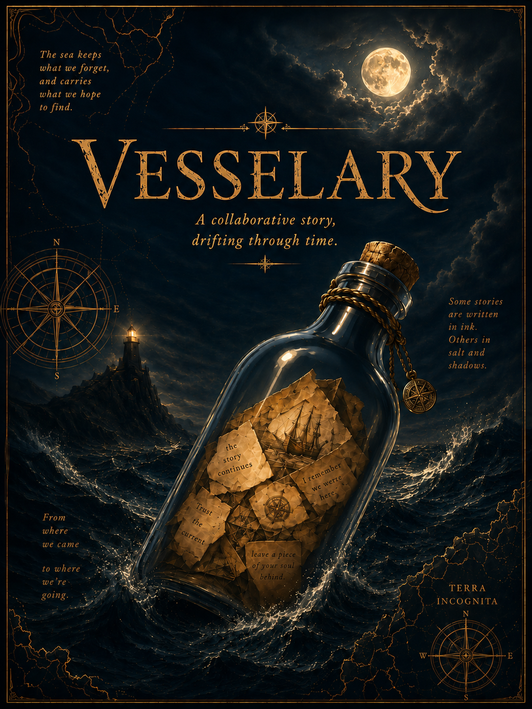 Vesselary cover art with a message bottle drifting through moonlit water